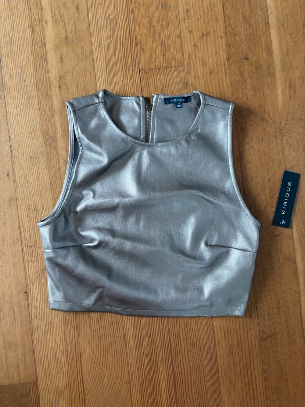 Kirious Metallic Silver Faux Leather Crop Top Y2K Zip Back Clubwear